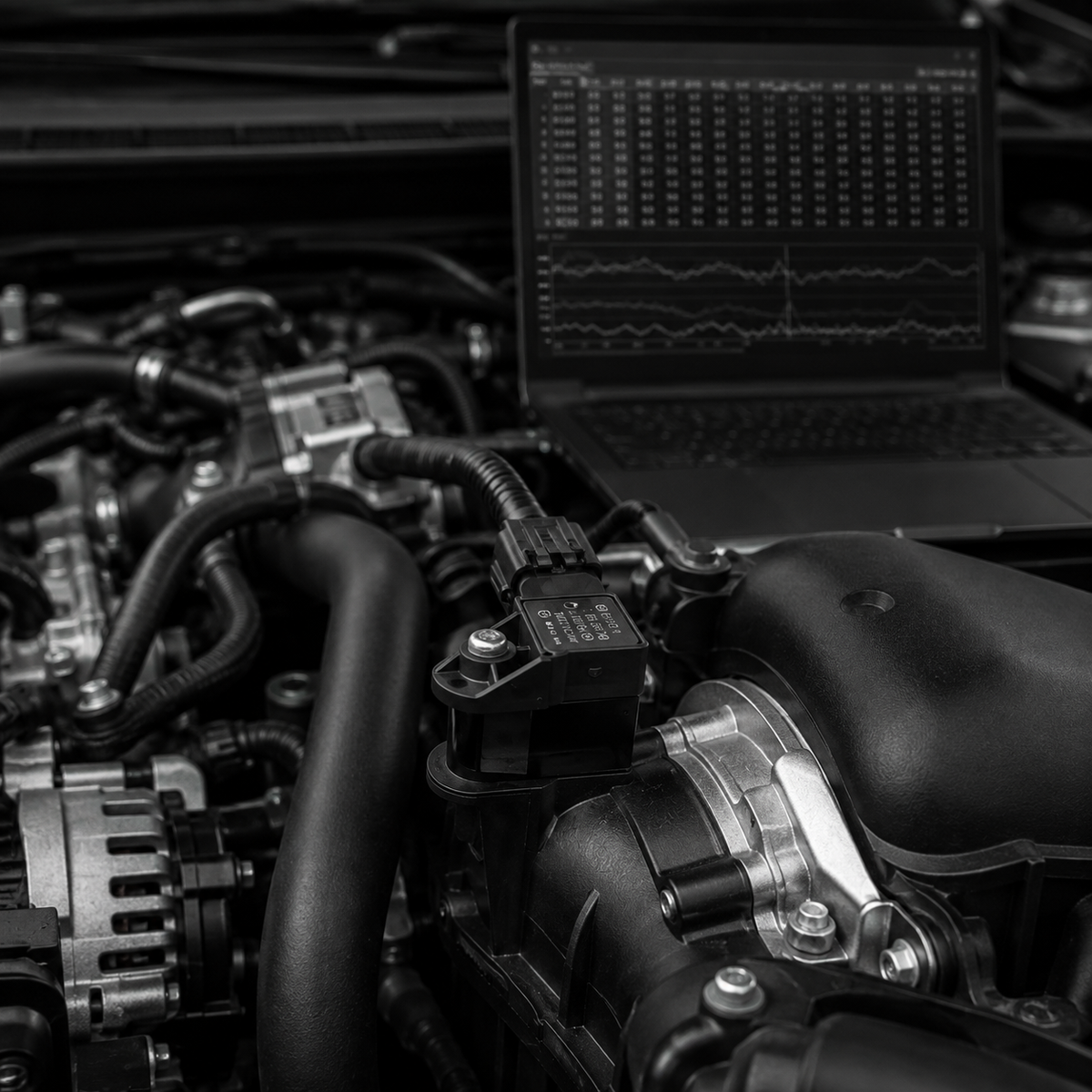 Laptop datalogging a Subaru WRX engine bay during speed density calibration