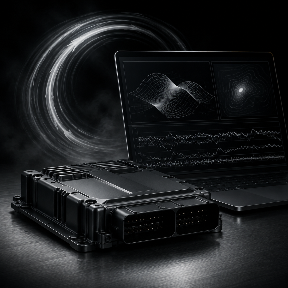 Engine ECU beside a laptop showing airflow and volumetric efficiency modelling for a speed density tune